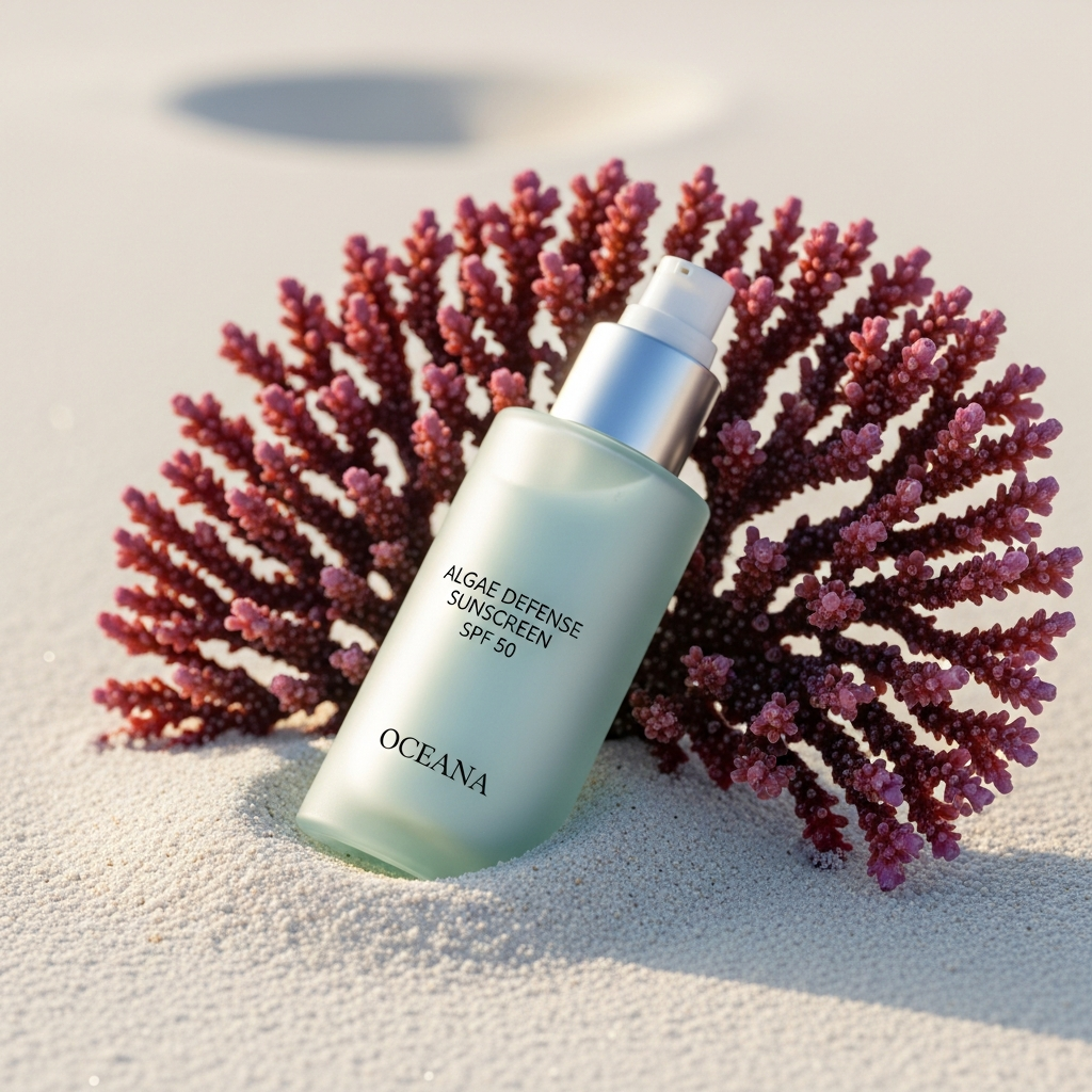 High-end editorial of algae-based sunscreen on white sand