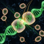 3D biological visualization of glowing green plant DNA fragments fusing with human skin cells