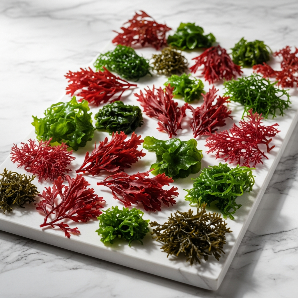 Vibrant marine algae under soft natural museum lighting