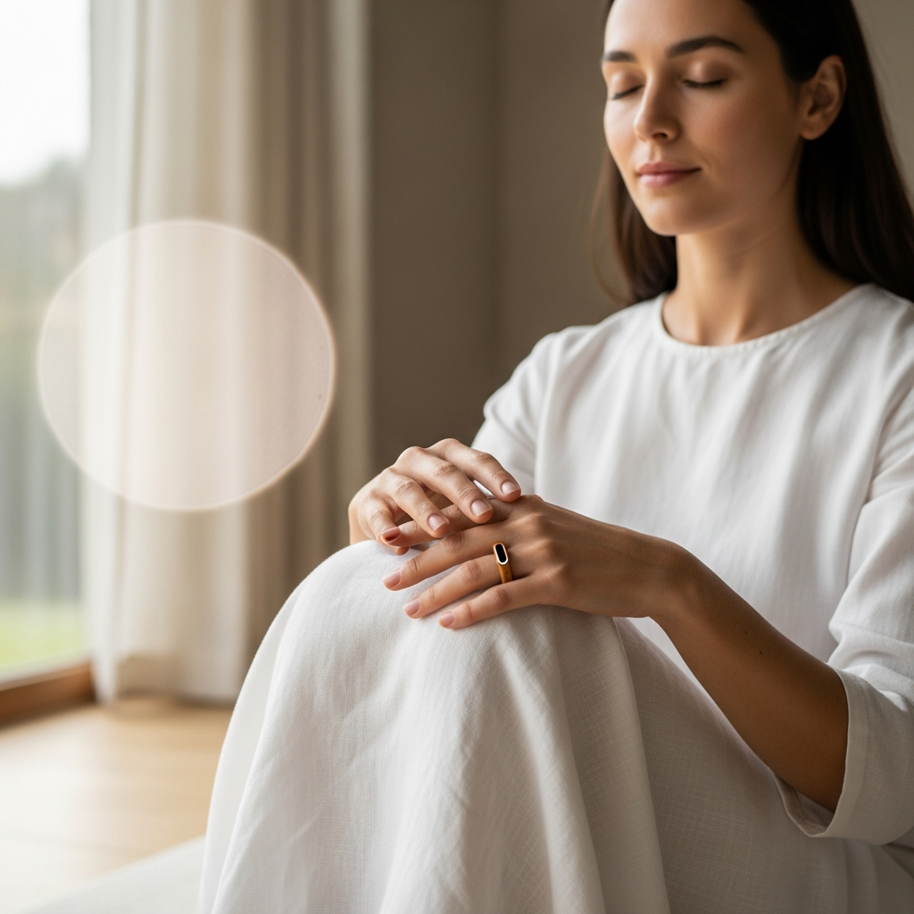 Woman using electrodermal activity EDA sensors for anxiety prevention