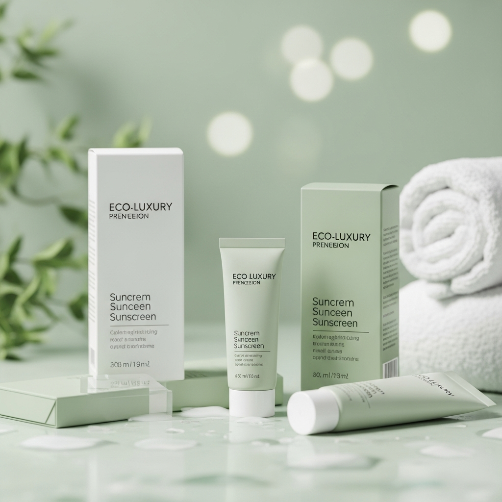 Eco-luxury skincare packaging in a minimalist setting